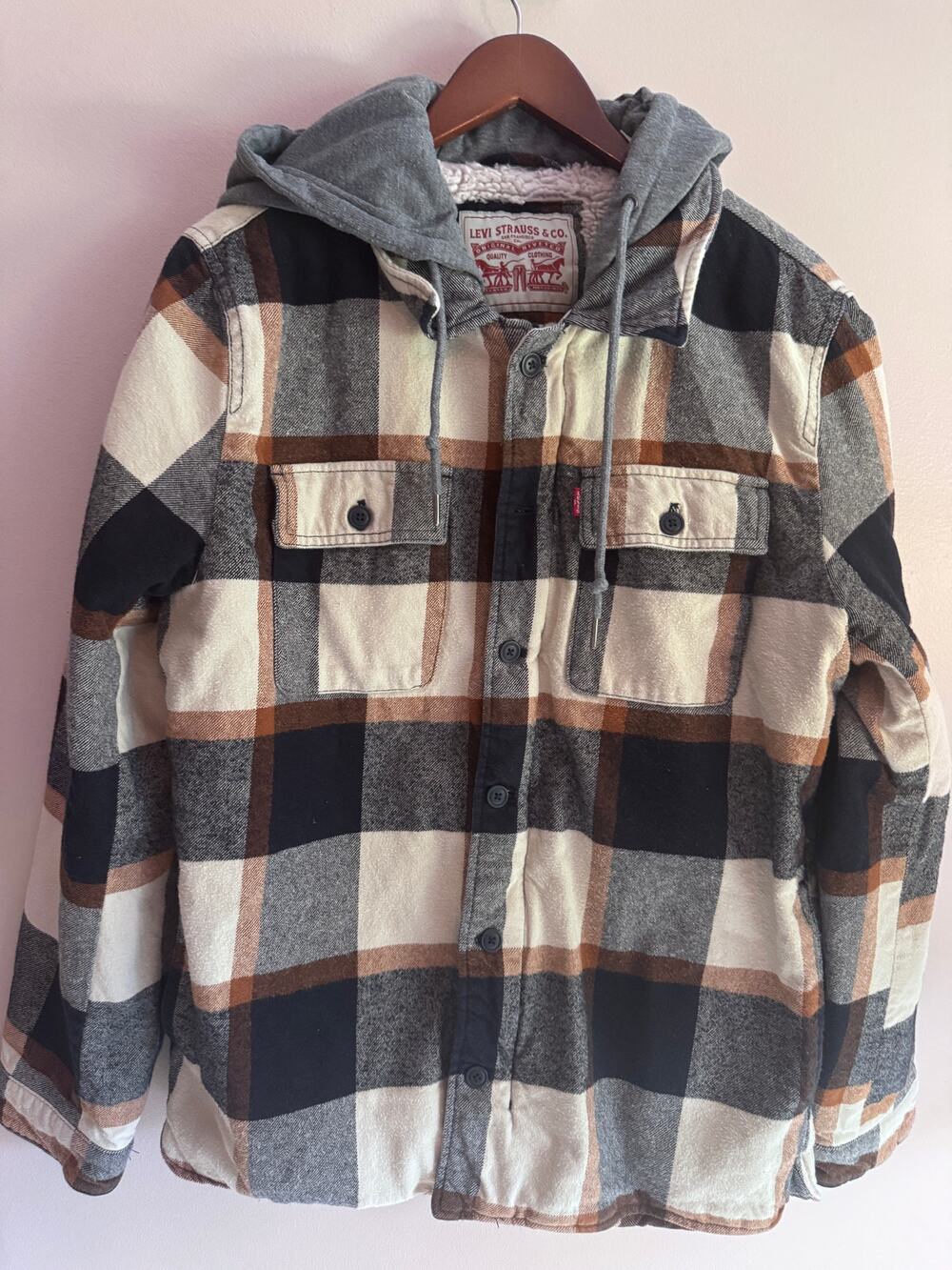 Levi's Plaid Sherpa Lined Hooded Flannel Jacket Shacket Brown Black Men's